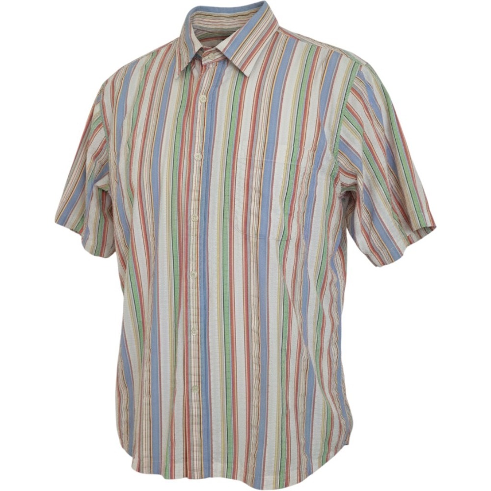 Lands End Mens XL Short Sleeve Seersucker Button Down Shirt Multi Color Stripe‎